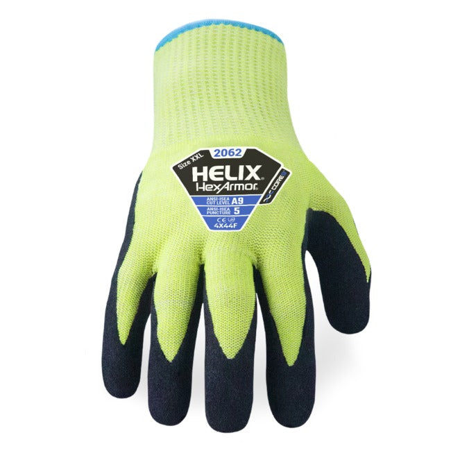 Hexarmor 2062 Helix, ANSI A9 Cut Resistant Glove, Core9 13-gauge HPPE/Steel/Fiberglass Blend, Sandy Nitrile Palm Coating (1 Pair)