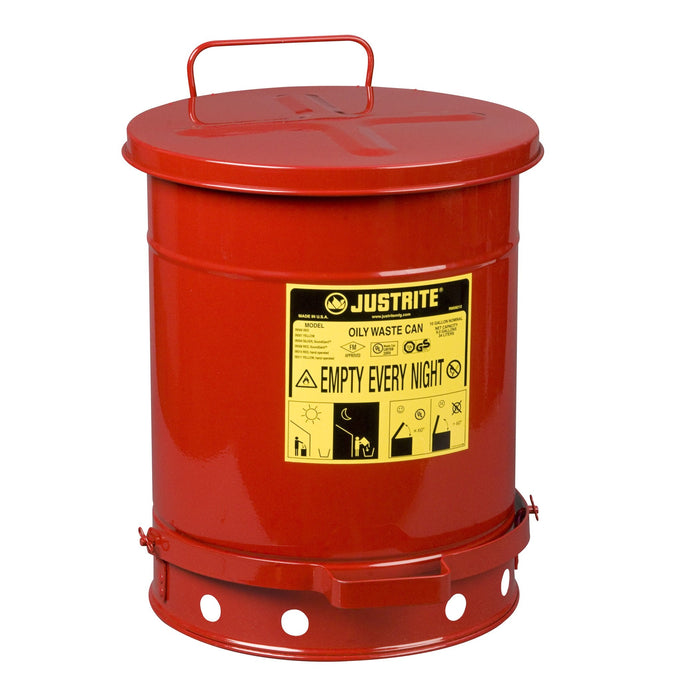 Justrite 09300 Oily Waste Can, 10 gallon, Foot-Operated Self-Closing Cover, Red