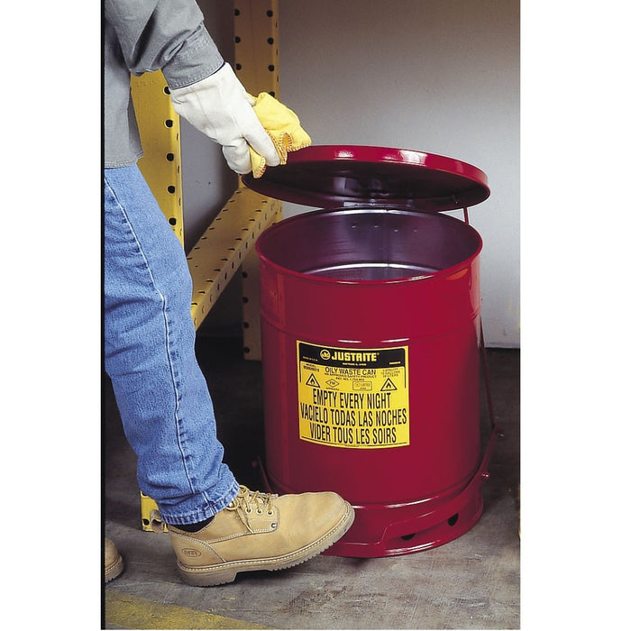 Justrite 09700 Oily Waste Can, 21 Gallon, Foot-Operated Self-Closing Cover, Red