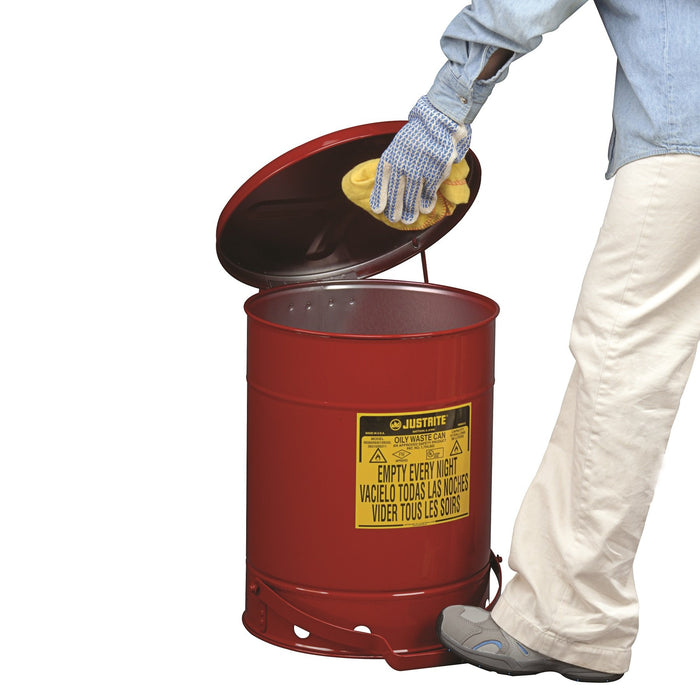 Justrite 09700 Oily Waste Can, 21 Gallon, Foot-Operated Self-Closing Cover, Red