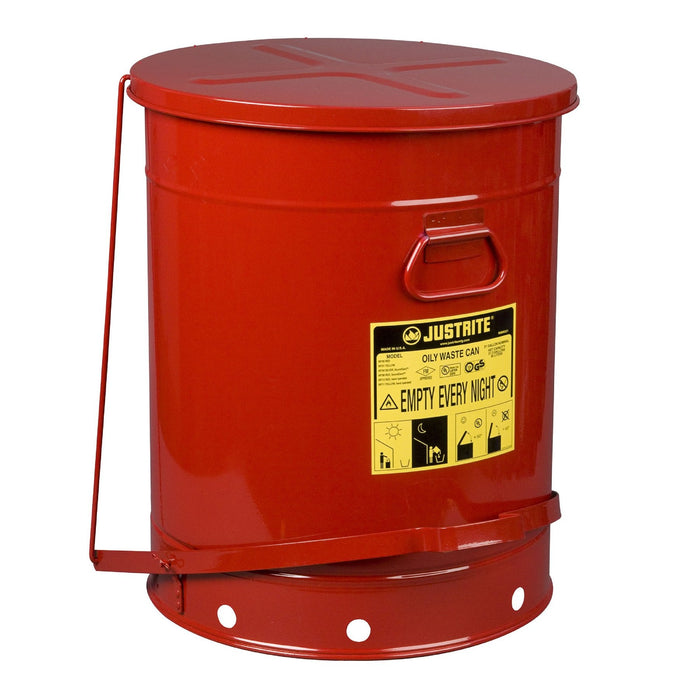 Justrite 09700 Oily Waste Can, 21 Gallon, Foot-Operated Self-Closing Cover, Red