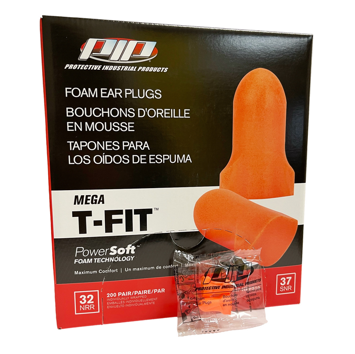 PIP Mega T-Fit T-Shape Disposable Soft Polyurethane Foam Ear Plugs, Uncorded - NRR 32 - 200 Pair/Box