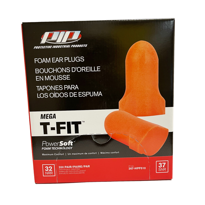 PIP Mega T-Fit T-Shape Disposable Soft Polyurethane Foam Ear Plugs, Uncorded - NRR 32 - 200 Pair/Box