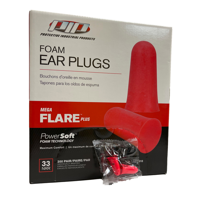 PIP Mega Flare Plus Disposable Soft Polyurethane Foam Ear Plugs, Uncorded - NRR 33 - 200 Pair/Box