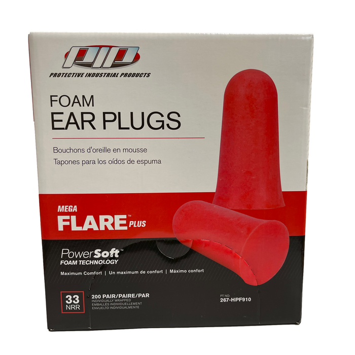 PIP Mega Flare Plus Disposable Soft Polyurethane Foam Ear Plugs, Uncorded - NRR 33 - 200 Pair/Box