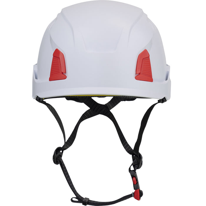 Traverse Industrial Climbing Helmet with ABS Shell, EPS Foam Impact Liner, HDPE Suspension, Wheel Ratchet Adjustment and 4-Point Chin Strap, White