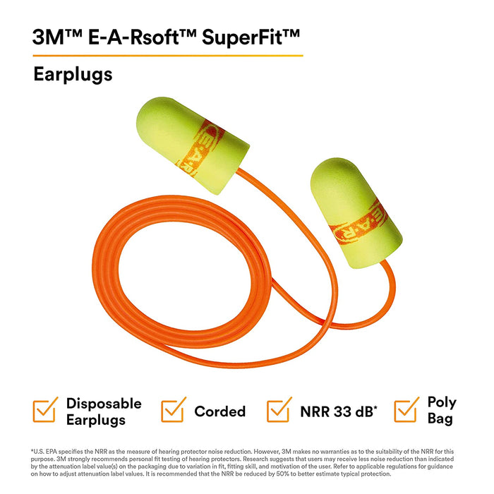 3M E-A-Rsoft SuperFit Earplugs 311-1254, Corded, NRR (Noise Reduction Rating) 33 Decibels, 200 Pair/Box