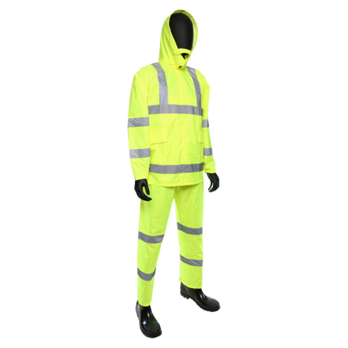 Hi-Vis Rainsuit Lime Green 3 PC, ANSI Class 3, Jacket with removable Hood and Overalls