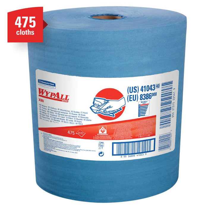 WypAll X80 Cloths, Hydroknit, Jumbo Roll, 12 1/2 x 13 2/5, 475 Wipers/Roll