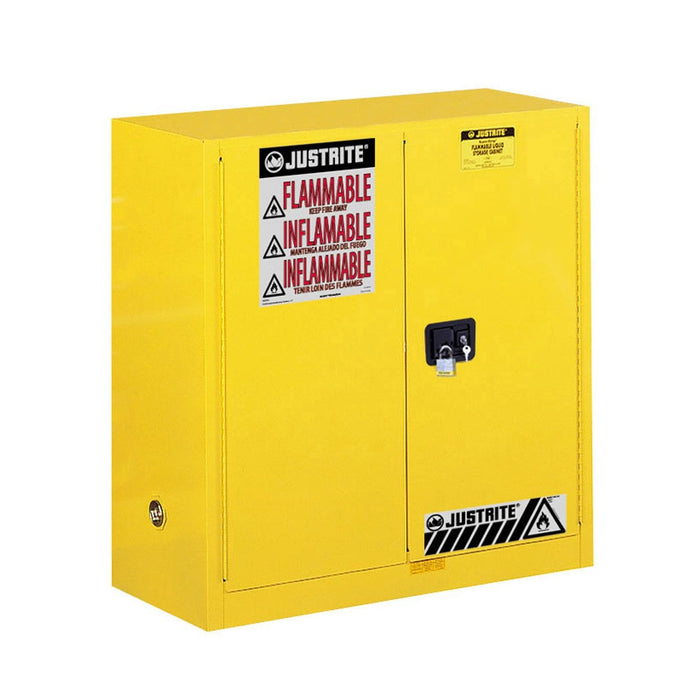 Justrite Flammable Safety Cabinet, 30 gallon, 44 inch Height, 2 Manual-Close Doors, Yellow