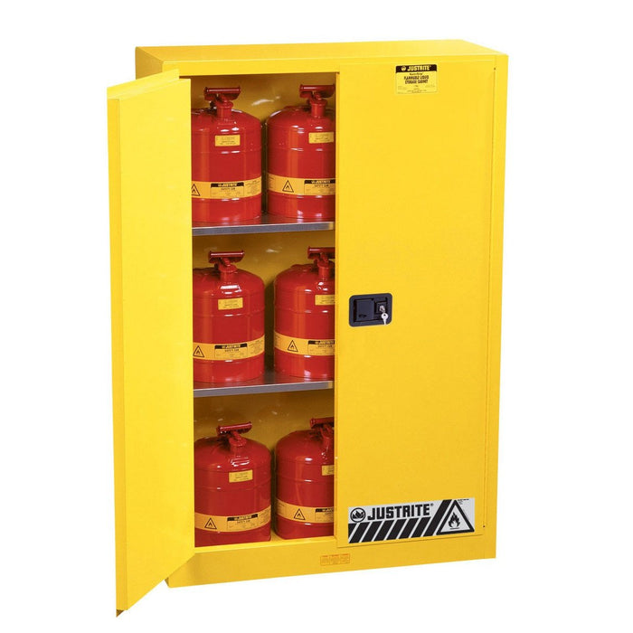 Justrite Flammable Safety Cabinet, 45 gallon, 2 Manual-Close Doors, Yellow