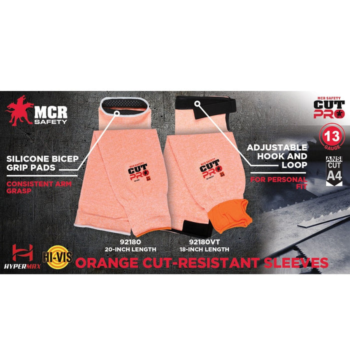 ANSI A4 Cut Resistant 18 Inch Sleeve with Thumbhole, 13 Guage Hypermax Fiber, Adjustable Hook and Loop Bicep, Hi-Vis Orange, 9218OVT