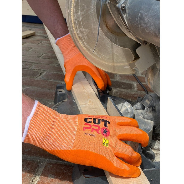 ANSI A6 Cut Pro / Cut Resistant Gloves, 13 Gauge Hypermax Shell, Sandy Foam Nitrile Coated Palm Dip, Hi-Vis Orange, 92730HV (1 Pair)