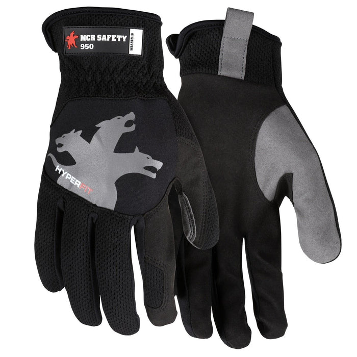 MCR Safety HyperFit Mechanics Style Work Gloves with Synthetic Leather Palm, Slip on Cuff (1 Pair)