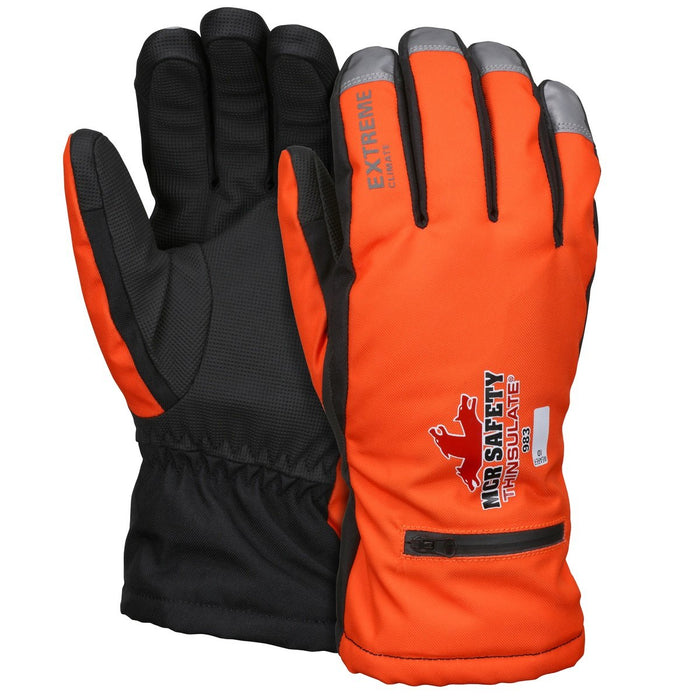 MCR Safety 983 Insulated Mechanics Gloves with Waterproof / Windproof Barrier, Elastic Snow and Ice Cuff, Hi-Vis Orange