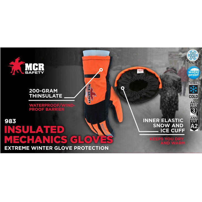 MCR Safety 983 Insulated Mechanics Gloves with Waterproof / Windproof Barrier, Elastic Snow and Ice Cuff, Hi-Vis Orange