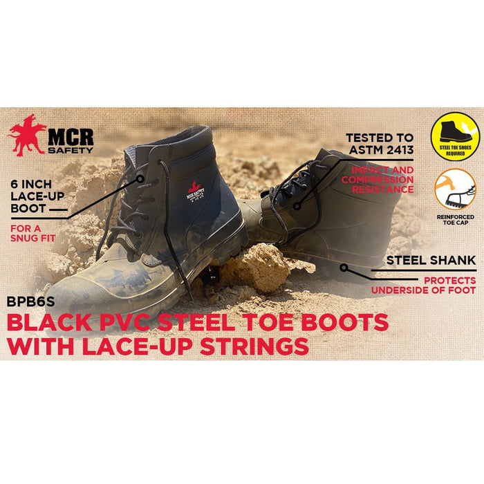 Black 6 Inch PVC Work Boots with Lace-Up Strings, Steel Toe and Steel Shank - Cleated Sole, BPB6S