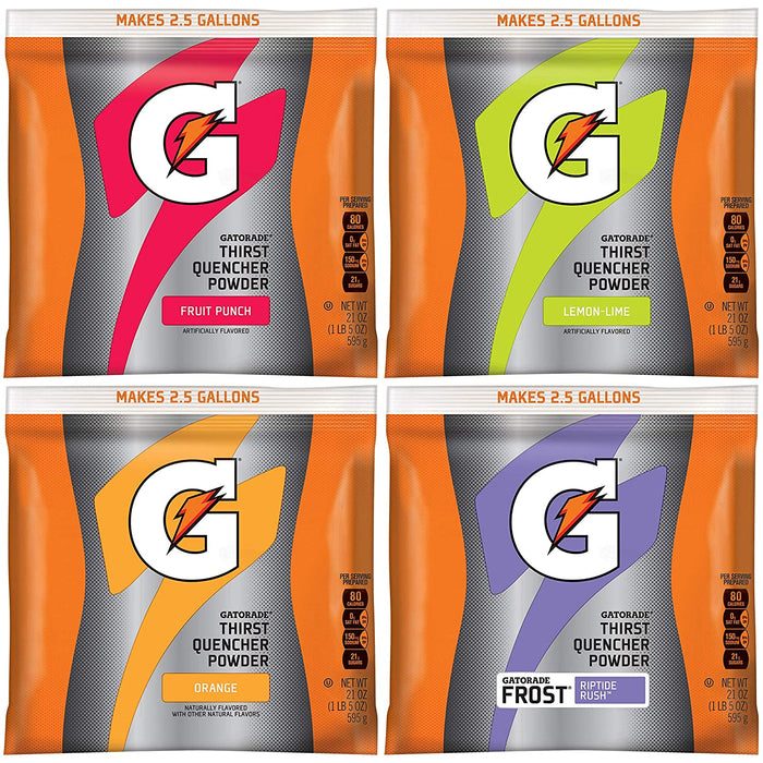 Gatorade 2.5 Gallon Variety Case 09344  - 4 Flavors (Lemon-Lime, Orange, Fruit Punch, Riptide Rush) 8 Packs/Flavor (32 Packs Total) Case Yields 80 Gallons