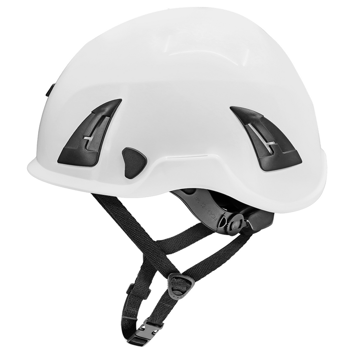 White Climbing Style Protective Helmet with Six-Point Ratchet Suspension and Four-Point Chin Strap - HH-CH1-W