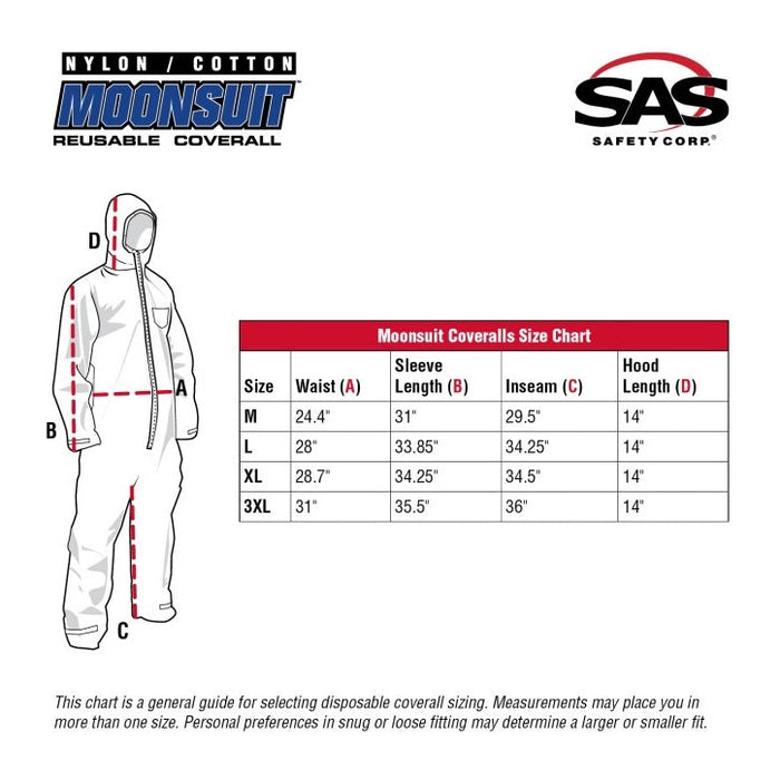 SAS Moonsuit Nylon / Cotton Reusable Coverall, Hooded with Elastic Waist & Full Zipper, 1 Each