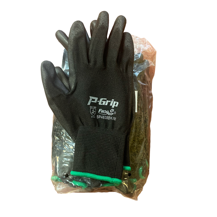 P-Grip Black Nylon/Polyurethane General Purpose Work Gloves with Black PU Coating, (12 Pairs / 1 Dozen)