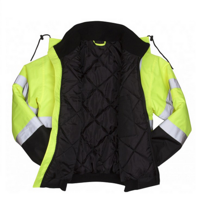 Pyramex RJ32 Series Bomber Jacket, Hi-Vis Lime with 2" Silver Reflective Striping, Insulated, ANSI Type R Class 3