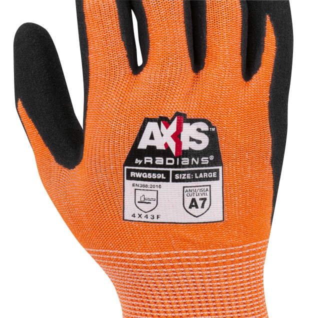 Radians RWG559 AXIS Cut Protection Level A7 Sandy Nitrile Coated Glove - Orange