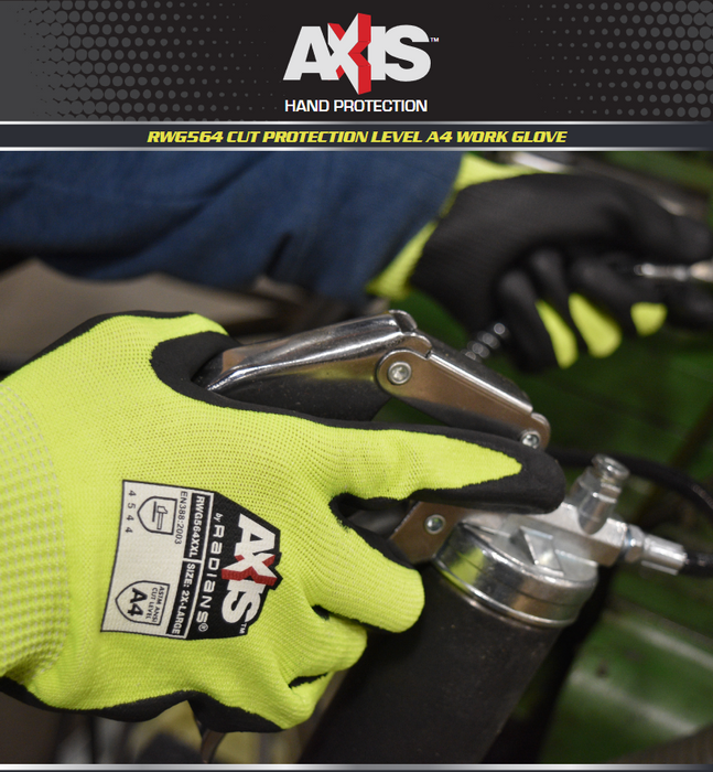 Radians RWG564 AXIS ANSI Cut Protection Level A4 Black Foam Nitrile Coated Work Glove, Hi-Vis Green