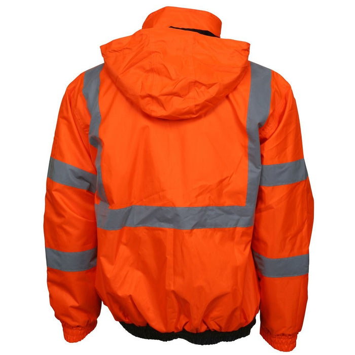 Two Tone Value Bomber Jacket, Class 3,  Quilted Rain Jacket, Fluorescent Orange / Black with Silver Reflective Stripes