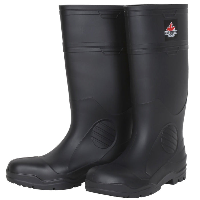 Black 16 Inch Waterproof PVC Work Boots with Steel Toe, Cleated Sole and Polyester Interior Lining - Over the Sock Style, VBS120