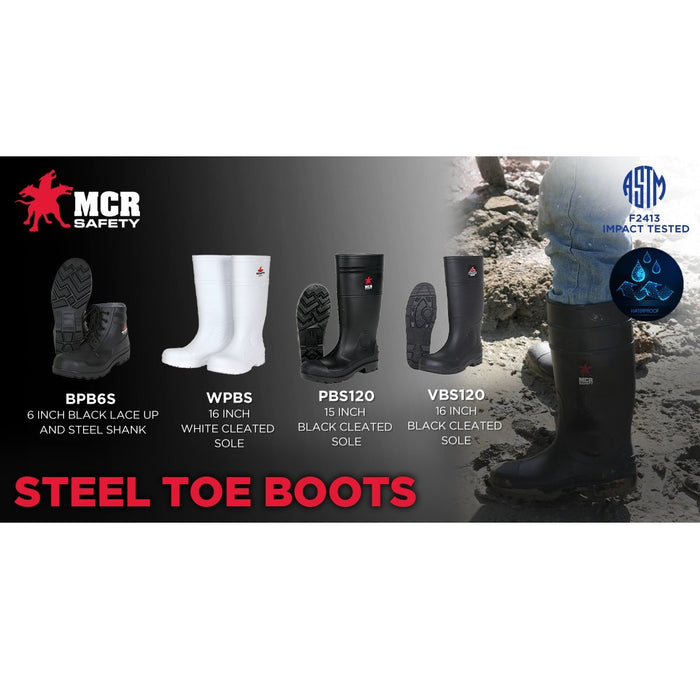 Black 16 Inch Waterproof PVC Work Boots with Steel Toe, Cleated Sole and Polyester Interior Lining - Over the Sock Style, VBS120