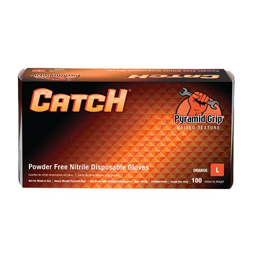 CATCH Nitrile Disposable Gloves with Pyramid Grip Texture, Industrial, Powder-Free, Orange, 9 mil (Box of 100) - BHP Safety Products