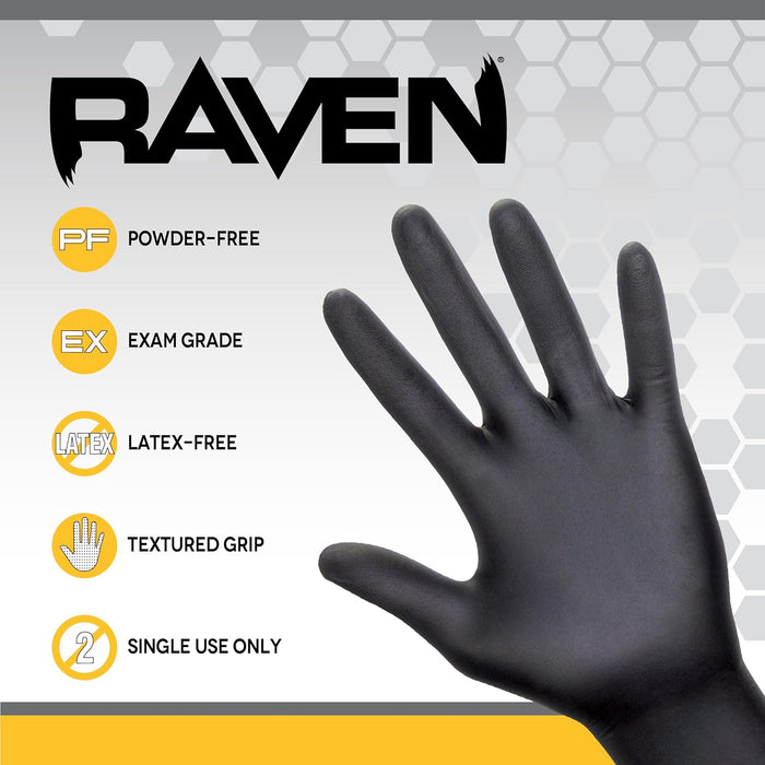 RAVEN Nitrile Exam Grade Disposable Gloves, Black, 7 mil, 100 Gloves per Box - BHP Safety Products